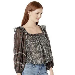 Free People Meadow Blouse Top Cotton Mixed Media Print Peasant Black Combo Sz L